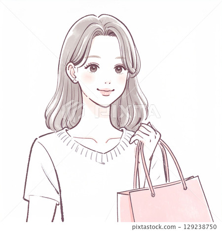 一幅自然水彩畫，描繪出購物的女性 129238750