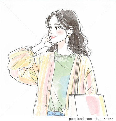 一幅自然水彩畫，描繪出購物的女性 129238767