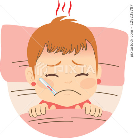 Sick Girl With Thermometer On Mouth Ill On Bed Vector Illustration 129238787