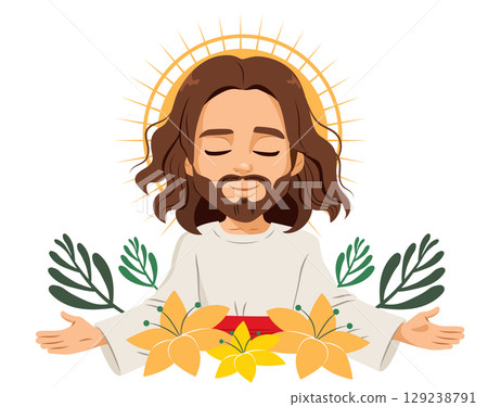 Jesus Christ With Golden Halo And Olive Branches Vector Illustration 129238791
