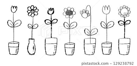 Set Of Cartoon Childlike Retro Flowers Vector Illustration 129238792