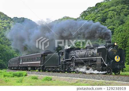 Steam locomotive running with smoke 129238919