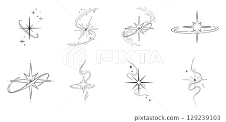 Abstract y2k line star, tattoo aesthetic doodle or sketch. Sparkle swirl silhouette line light, move, trail. Retro space orbit geometric  129239103