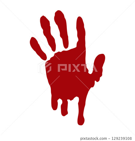 Hand print, fingerprint with red paint, blood. Halloween scary splatter, stain with drops. Human hand creepy trace. Red splatter, stream 129239108