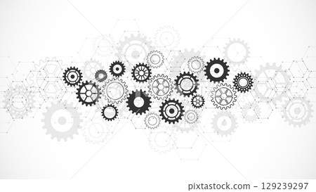 Cogs and gear wheel mechanisms. Concepts and ideas for hi-tech digital technology and engineering design. Abstract technical background of mechanical engineering. 129239297