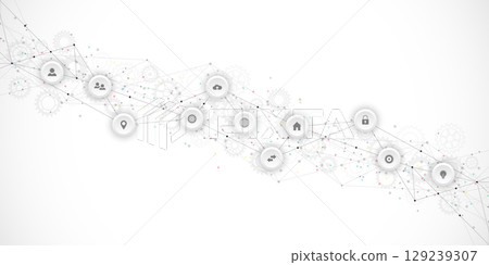 Information technology background with infographic elements and flat icons. Digital technology, network connection and communication concept. 129239307