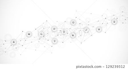 Information technology background with infographic elements and flat icons. Digital technology, network connection and communication concept. Information technology background with infographic elements and flat icons. Digital technology, network connection and communication concept. 129239312