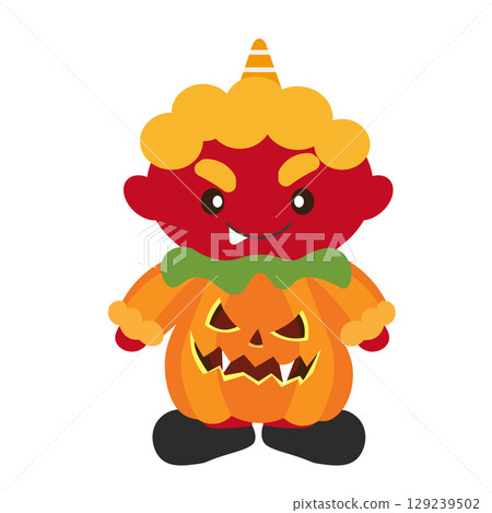 一個可愛的紅色惡魔裝扮成萬聖節南瓜的插圖 129239502