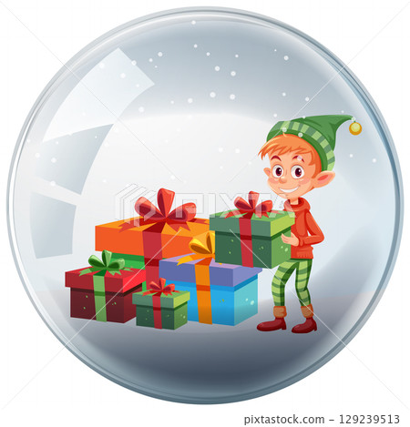 Festive Elf with Colorful Gift Boxes in Snow Globe Festive Elf with Colorful Gift Boxes in Snow Globe 129239513