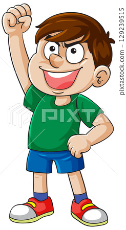 Smiling Cartoon Boy Raising Fist in Victory Pose 129239515