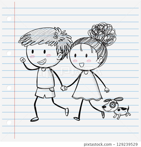 Joyful Kids and Dog Sketch 129239529