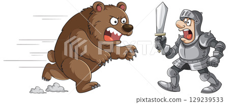 Knight Confronts Charging Bear in Cartoon Style 129239533
