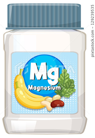 Magnesium Supplement Bottle with Food Sources Illustration Magnesium Supplement Bottle with Food Sources Illustration 129239535