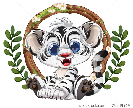 Adorable Zebra Cub in Floral Wreath 129239549