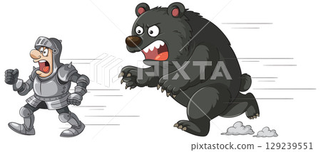 Knight Fleeing from Charging Bear in Cartoon Style 129239551