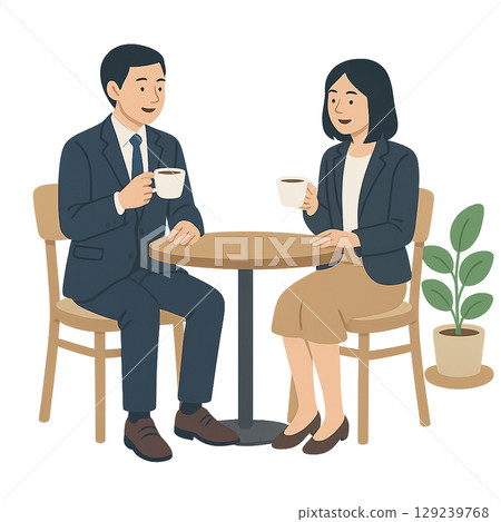 一男一女正在交談，微微點頭，手裡拿著咖啡 129239768