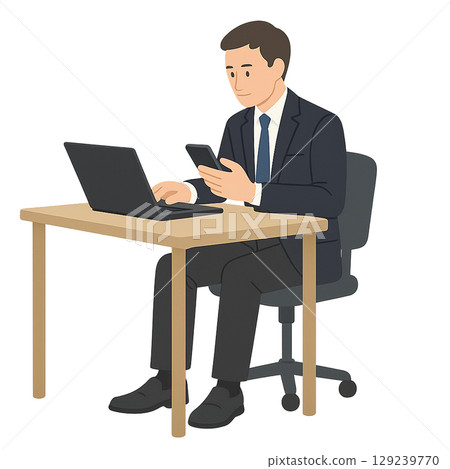一名男子同時使用筆記型電腦和智慧型手機 一名男子同時使用筆記型電腦和智慧型手機 129239770