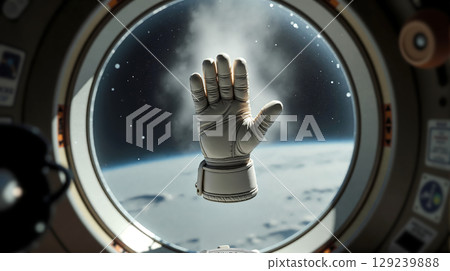 Astronaut glove floating outside spaceship window with Earth in background, space scene concept. 129239888