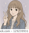 A cute brown-haired woman in her 20s making a peace sign / AI illustration 129239931