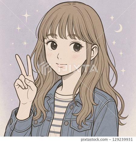 一位 20 多歲、可愛的棕髮女子做出和平手勢/AI 插圖 129239931