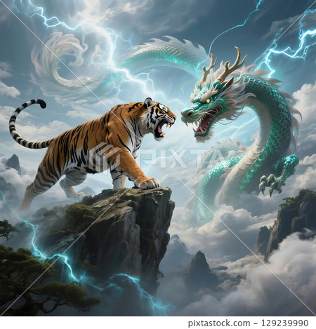 A dragon and a tiger facing each other amid thunder 129239990