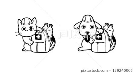 Disaster preparedness backpack (emergency bag) and dog and cat black and white hand-drawn illustration Disaster preparedness backpack (emergency bag) and dog and cat black and white hand-drawn illustration 129240005