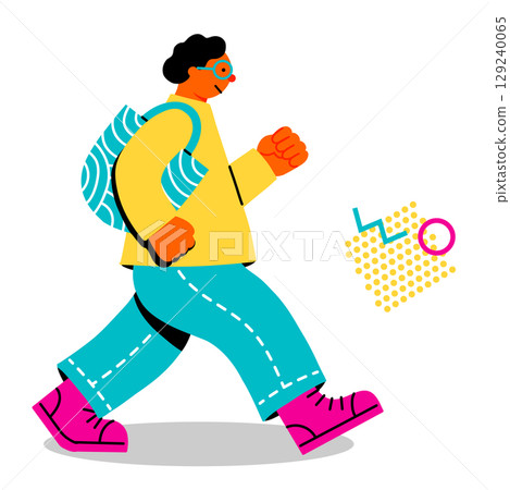 A pop and colorful illustration of a young man walking energetically 129240065