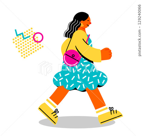 A pop and colorful illustration of a young woman walking energetically 129240066