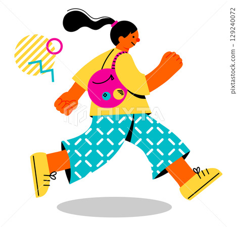 A pop and colorful illustration of a young woman running energetically 129240072
