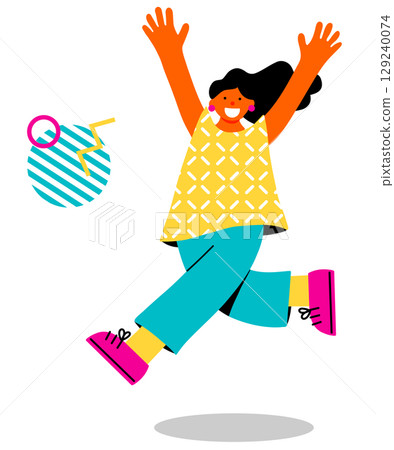 A pop and colorful illustration of a young woman jumping for joy 129240074