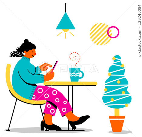 一位年輕女子在咖啡館使用智慧型手機的流行彩色插圖 129240084