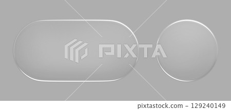 3d glass morphism button icons, ui elements for web or mobile app, navigation bar or menu website. Translucent frames of rectangle, circle shape with rounded design and glowing edges. 3D illustration 129240149