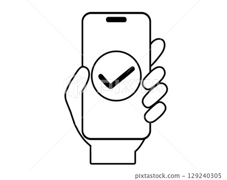 Monochrome illustration of a hand operating a smartphone | Icons for completion, approval, confirmation, etc. 129240305