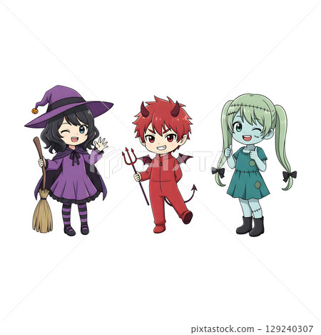 A cute child in a anime-style cartoon Halloween costume, happy for Halloween. Transparent background. 129240307