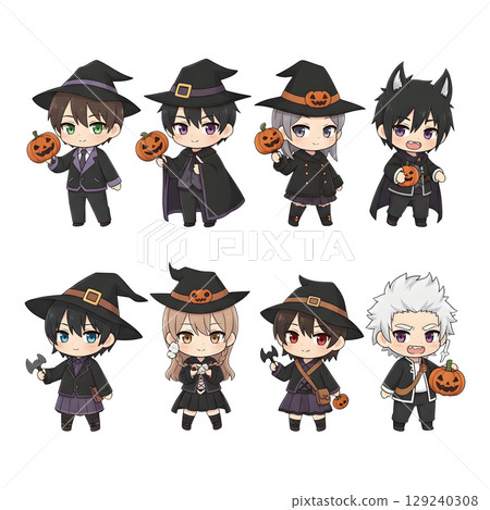 A cute child in a anime-style cartoon Halloween costume, happy for Halloween. Transparent background. 129240308