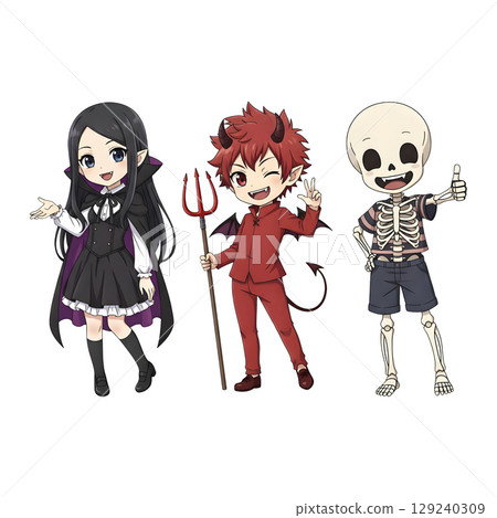 A cute child in a anime-style cartoon Halloween costume, happy for Halloween. Transparent background. 129240309