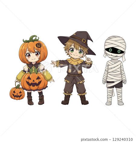 A cute child in a anime-style cartoon Halloween costume, happy for Halloween. Transparent background. 129240310