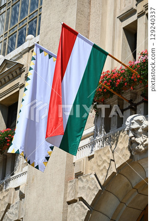 Hungarian national flag on the facade of the university 129240337