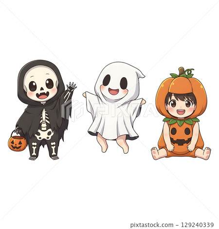 A cute child in a anime-style cartoon Halloween costume, happy for Halloween. Transparent background. 129240339