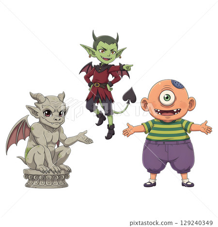 A cute child in a anime-style cartoon Halloween costume, happy for Halloween. Transparent background. 129240349