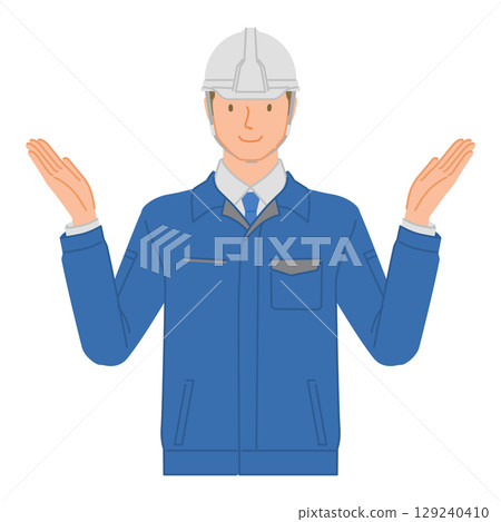 Business image: Smiling young man (work clothes and helmet): Raise both hands Business image: Smiling young man (work clothes and helmet): Raise both hands 129240410