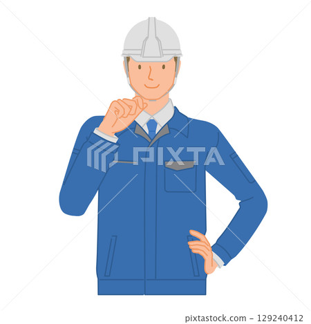 商業形象：微笑的年輕男子（工作服和頭盔）：手托著下巴 129240412