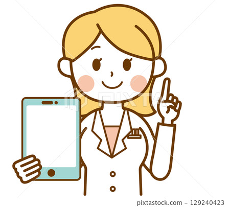 一位身穿白大褂的女士拿著平板電腦解釋要點的插圖 129240423