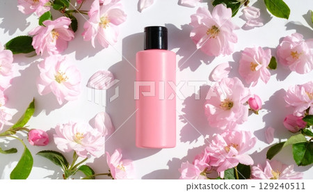 Pink beauty flower aroma cosmetic oil polish bottle on white background Pink beauty flower aroma cosmetic oil polish bottle on white background 129240511
