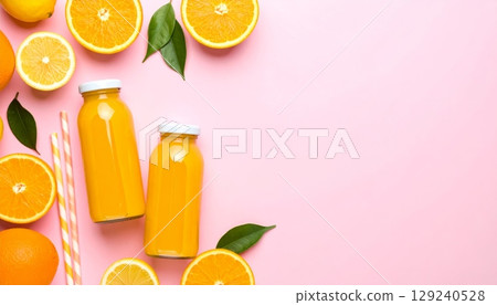 Fresh citrus fruit juice in a glass with ripe oranges isolated on a white background, a healthy and refreshing breakfast beverage 129240528