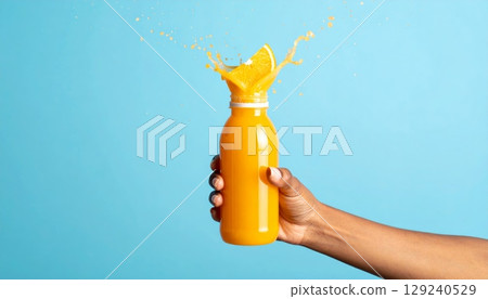 Woman's hand holding orange juice bottle splashing on blue background 129240529