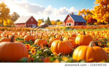 An autumnal harvest of orange pumpkins and gourds on a farm 129240530