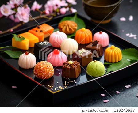 Japanese sweets arranged on a tray 129240638