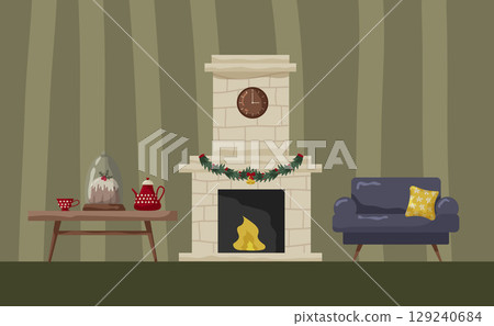 Cozy living room decorated for winter with a fireplace and festive elements 129240684