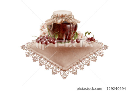 Round glass jar of cherry jam with fabric lid and twine tied in a bow with cherry berries,flowers,leaves and pips,with spoon on linen napkin with crochet lace trim border.Watercolor illustration Round glass jar of cherry jam with fabric lid and twine tied in a bow with cherry berries,flowers,leaves and pips,with spoon on linen napkin with crochet lace trim border.Watercolor illustration 129240694